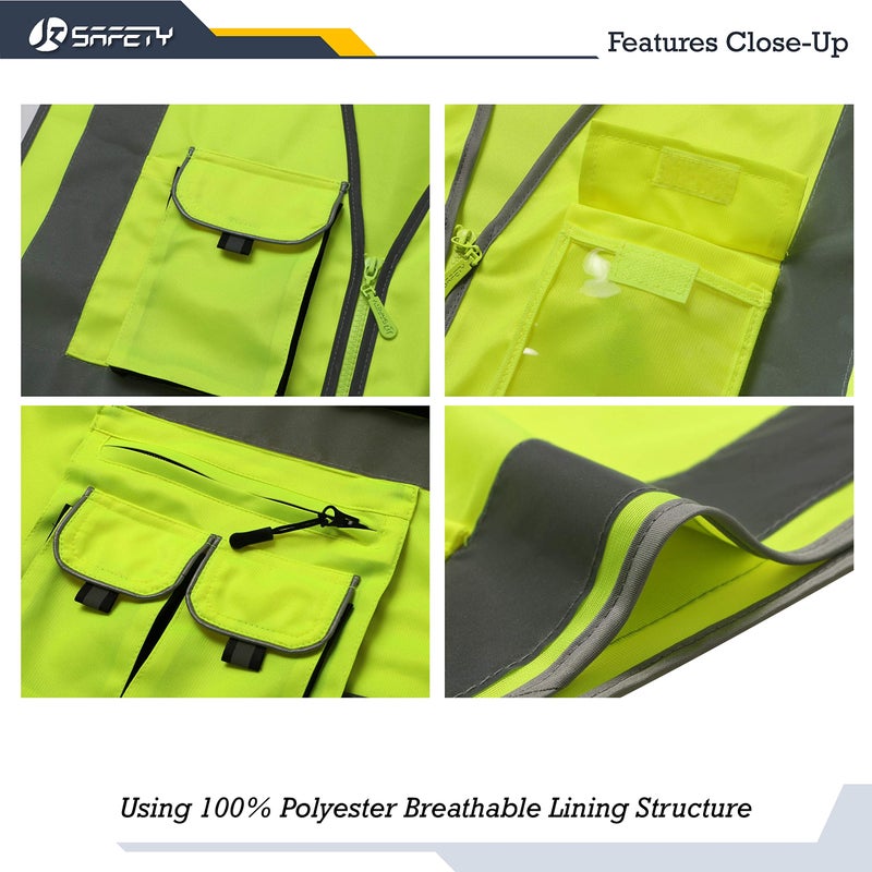 JKSafety 10 Pocket Class 2 High Visibility Zipper Front Yellow Safety Vest with High Reflective Strips - Meets ANSI/ISEA Standards (88-Yellow, Large) - Image 3